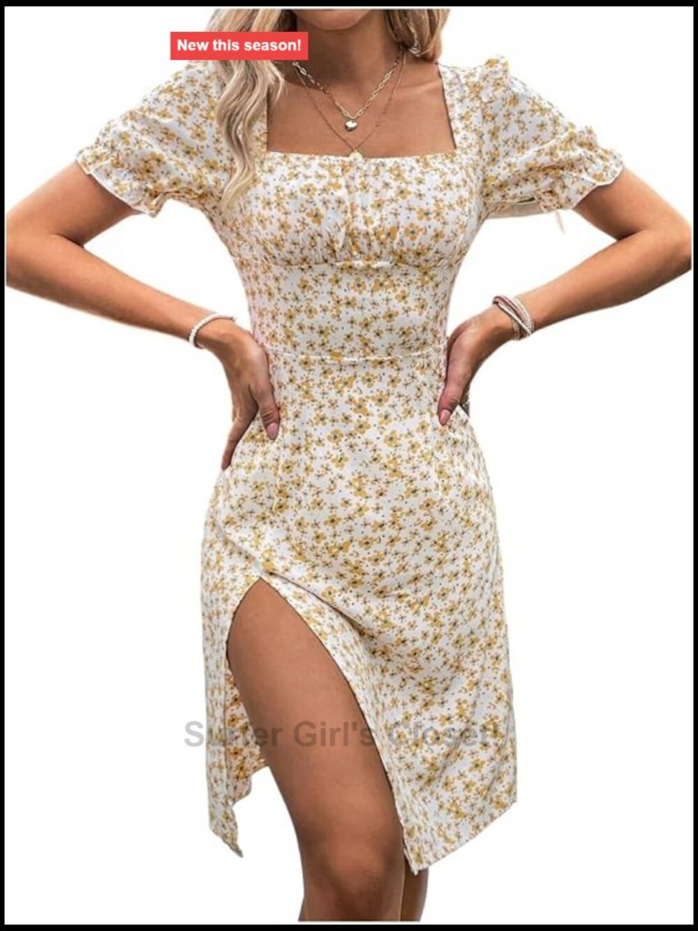 Women's Floral Print Puff Sleeve Square Neck Short Dress